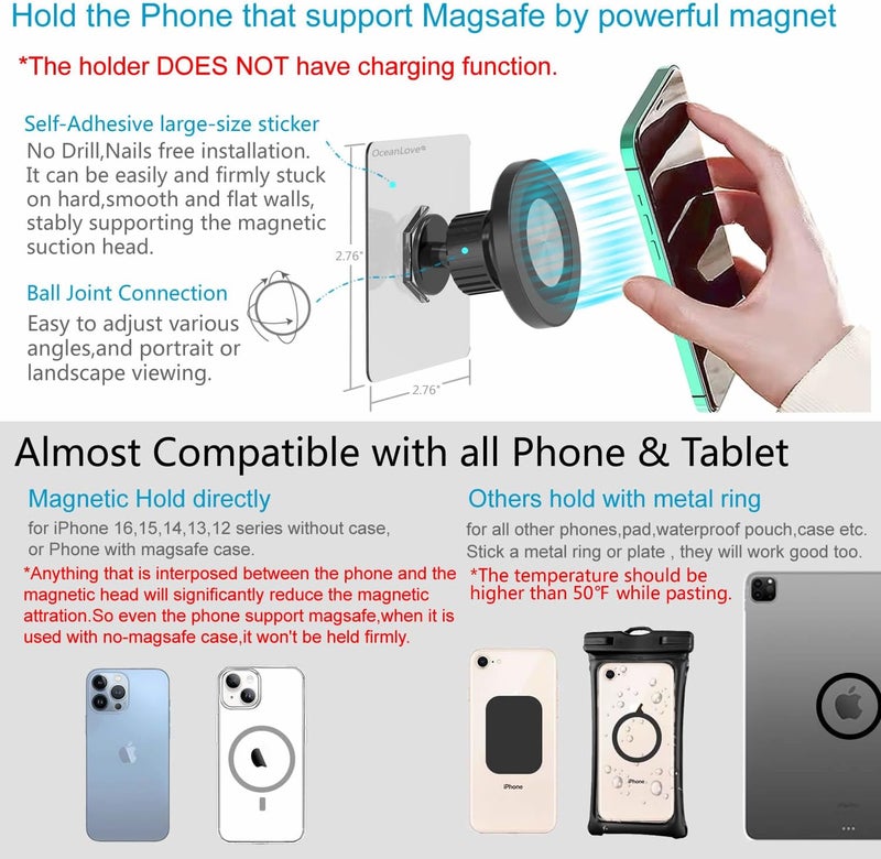 OCEANLOVE حامل هاتف مغناطيسي مثبت على الحائط بتقنية MagSafe، عبوة 2، ذات لاصق ذاتي، كرة قابلة للدوران، مقاوم للماء، متوافق مع iPhone 16/15/14/13/12، مرآة دش، صالة رياضية، حمام، مطبخ (أسود) - Image 3